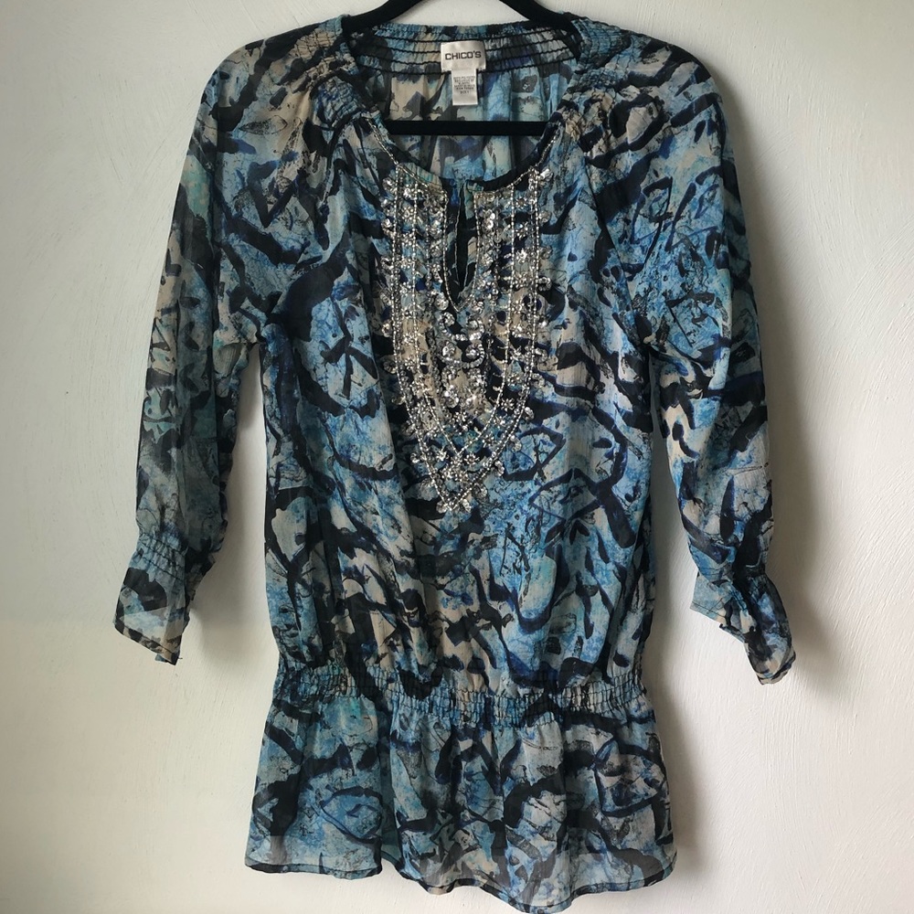 Beautiful Sheer Blue Patterned and Sparkly Blouse!